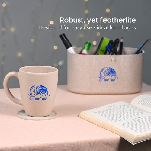 Image of Eha Earth-Friendly Wedding Gifts for Couple | Gifts Made with Rice Husk Biocomposite | Elephant Printed Mug and Coasters Set of 2, Keychain, Loopac Box | 300 ml | Sand Castle