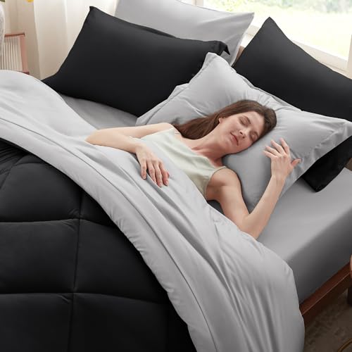 Anluoer King Comforter Set,Black and Grey Bed in a Bag 7 Piece,Lightweight Bedding Set with Soft Down Alternative Fill,Bed Set Includes Comforter, Fitted Sheet, Flat Sheet,Pillowcases and Shams
