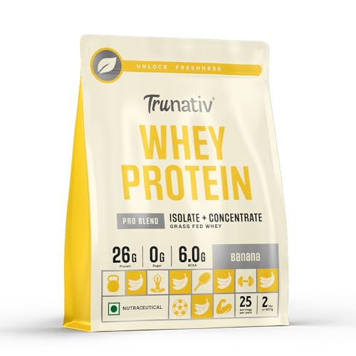 Image of Trunativ Pro Blend Whey Protein Powder Isolate & Concentrate | 100% Light & Clean Protein Powder | 26g Protein | 6g BCAA | 12.52g EAA | No added sugar | Banana 2lbs (907g)