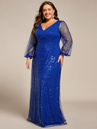 Image of Ever-Pretty Women's Elegant A-Line V Neck Sheer Long Sleeves Plus Size Sequin Formal Dress Evening Gown Sapphire Blue US14