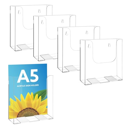 Image of DHSWNNG 5 PCS A5 Leaflet Holder, Acrylic Brochure Holder Flyer Display Stand with Hanging Hole Literature Holders Freestanding Booklet for Magazine Menu Business Card Journals