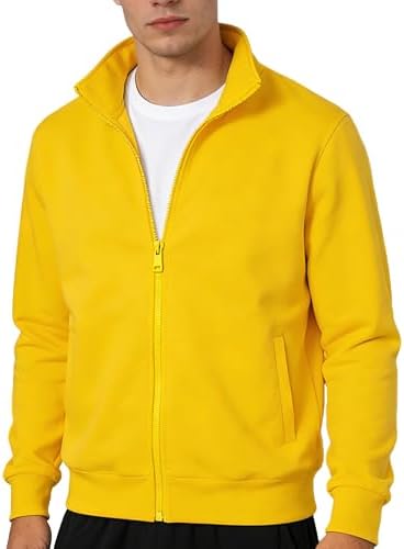 LINMYZAI Mens Zip Up Sweatshirt No Hood Mock Neck Sweatshirts Men's Fleece Jackets Full Zip Lightweight Jacket Seam Pocket, Yellow, Large