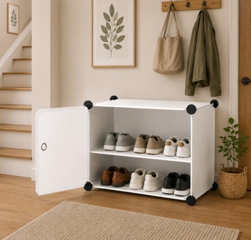 Image of YASONIC Plastic Shoe Rack for Home with Door, 1-Door Shoe Storage Cabinet | 1-Shelfs for 2 Pairs | Waterproof & Portable DIY Shoe Slipper & Chappal Stand for Entryway /Bedroom (White-HK2)