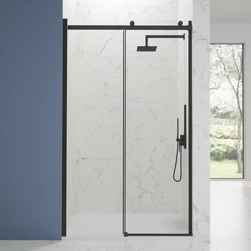 Box Doccia Porta Nicchia 140Cm Apertura Scorrevole Vetro Temperato Trasparente 8Mm Anticalcare Installazione Reversibile Profili In Alluminio Nero Opaco Altezza 195Cm Mod. Creta-image