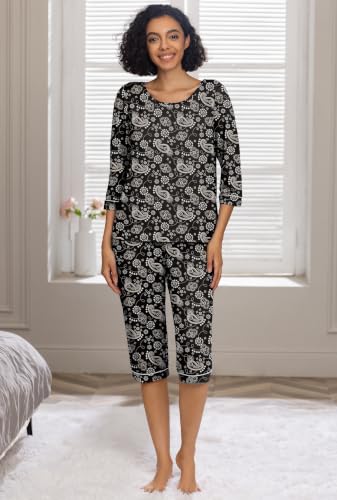 Image of PrinStory Womens Pajama Sets Capri Pjs Soft Lounge Sets XS-4XL