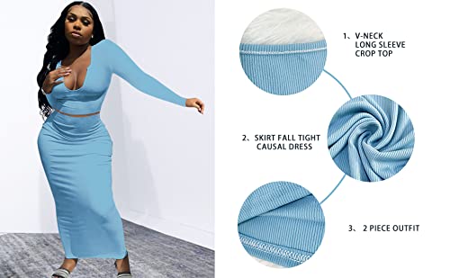 Image of Women Sexy Two Piece Skirt Outfits Long Sleeve /Sleeveless V Neck Bodycon Ribbed Knitted Maxi Club Party Dress