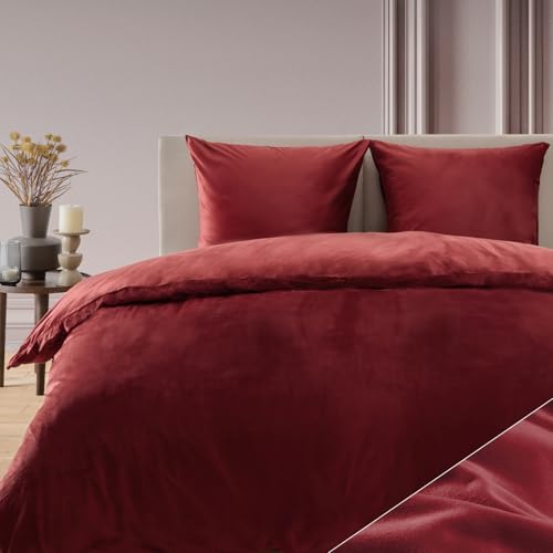 Blumtal Bettwäsche Cashmere-Touch Plüsch - Oeko-TEX zertifizierter Deckenbezug 140x200 + Kissenbezug 80x80 2X - weiche Bettwäsche Rot
