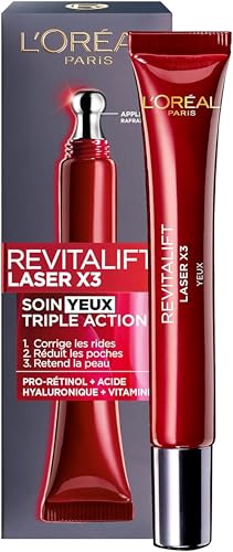 L'Oréal Paris - Soin Yeux Triple Action Anti-Âge - Anti-Rides & Multi-Correction - À l'Acide Hyaluronique & au Pro-Xylane - Pour Tous Types de Peaux - Revitalift Laser X3 - 15 mL
