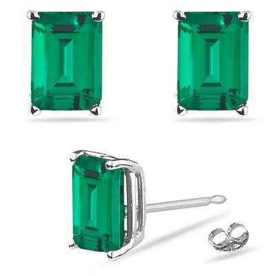 Lab Created Emerald Cut Russian Emerald Stud Earrings In 14K White Gold Availabe In 5X3Mm - 9X7Mm (6X4Mm - 0.93-1.01 Cts) #TOP2