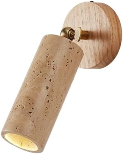Modern Travertine Stone LED Wall Sconce with Solid Wood Base, 3 Color Temperature Adjustable Rotatable Wall Lamp for Bedroom Bedside Living Room Spotlight(Wood Color)