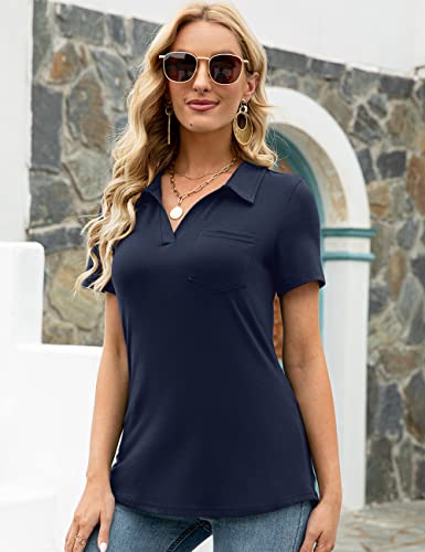 Womens Short Sleeve Golf Polo Shirts V Neck Collared Tunic Blouses Loose Casual Work Tops Navy Blue L #TOP2