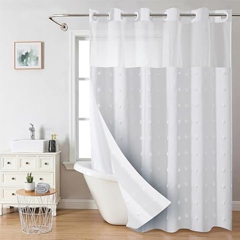 Planially No Hooks Shower Curtain with Snap in Liner,72W*74L Hookless Shower Curtain and Liner Set, Hotel Style with See Through Top Window, Fabric Outer Curtain & Waterproof Inner Liner,Hydrangea Cover