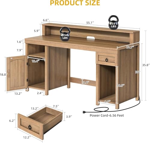 Image of DWVO Farmhouse Office Desk with Drawer & Power Outlets, Rattan Computer Desk w /LED Strip & Monitor Stand for Bedchamber Study, Home Office Table w /Storage Cabinet for Working Writing Gaming (Oak)