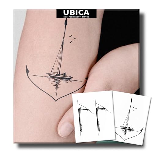 UBICA Semi Permanent Tattoo, Minimalist Sailboat Fine Line Design, 2 Sheets, Lasts 1-2 Weeks, Waterproof & Non-Reflective, Nautical Travel Temporary Tattoos for Men & Women