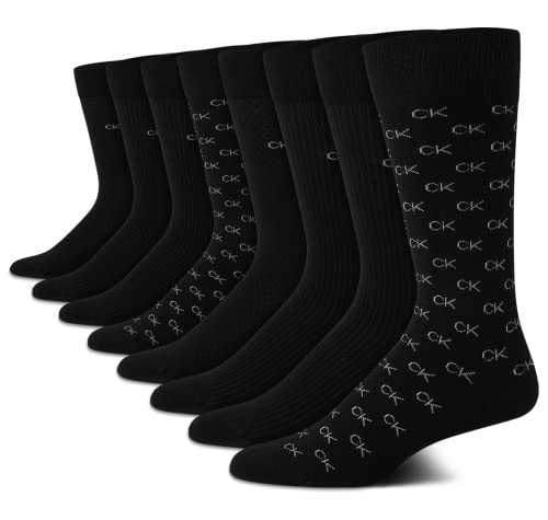 Calvin Klein Men's Dress Socks - 8 Pack Breathable Cotton Blend Crew Socks - Casual Long Work Sock for Men (Sizes: 7-12), Size 7-12, Black Logo