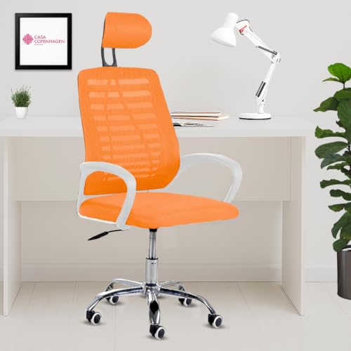 Image of Casa Copenhagen,Mesh Office Desk Chair,Rocking Ergonomic Computer Chair Adjustable High with Headrest and Comfortable Armrest Swivel - Orange & White Handle