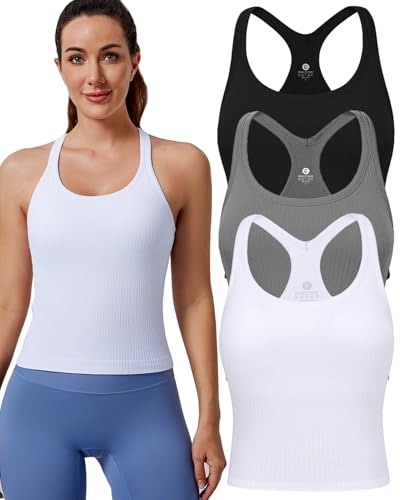 Image of Women's Workout Tank Tops, with Built in Bra Racerback Seamless Crop Tops | Removable Pads, 1 /2 /3 Pack, A-D Cup, High Support, Wireless, Full Coverage, Camisole Sport Tanks, for Yoga Gym Exercise Daily