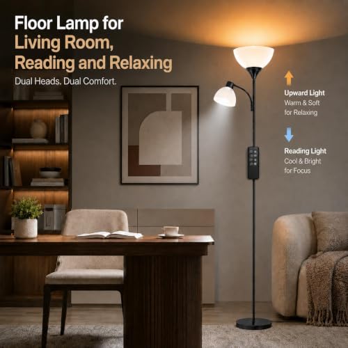 GERGO Torchiere Floor Lamp with Remote Control and Adjustable Reading Light - Image 3