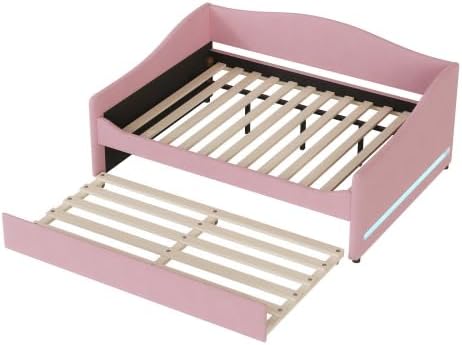 Miniatura 17 de MERITLINE Sofá cama tapizado de tamaño individual con nido y LED, marco de cama de día de forro polar con listones de madera maciza, sofá cama