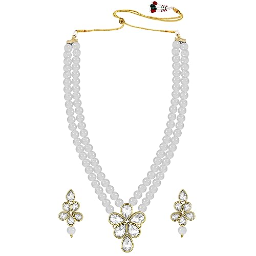 Image of Peora Crystal Faux Pearl Kundan Necklace & Jewellery Set Gift for Women