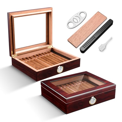 Zigarren Humidore Spanisches Zedernholz Eleganter Humidor mit Hygrometer und Befeuchter & Zigarrenschneider Zedernholz Humidor Etui Zigarren-Desktop-Box Geschenke für Männer (Dunkelrot)