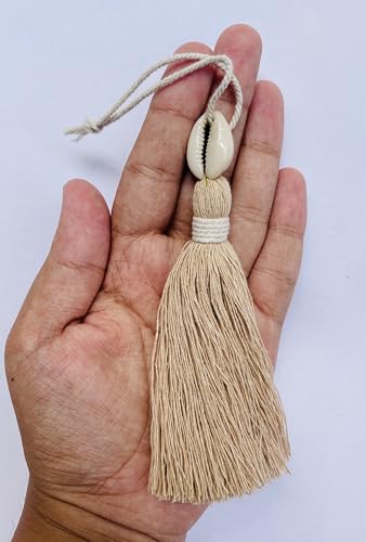 Image of Zippy Flora Handmade Cotton Tassels with Cowrie Shells for DIY & Crafts Project, Pack of 10 (Light Beige)