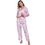RONGTAI Womens Pajama Sets Button Down Long Sleeve Lapel Shirt with Pocket Matching Pj Pants Two Piece Loungewear Set, Pink Horse, M