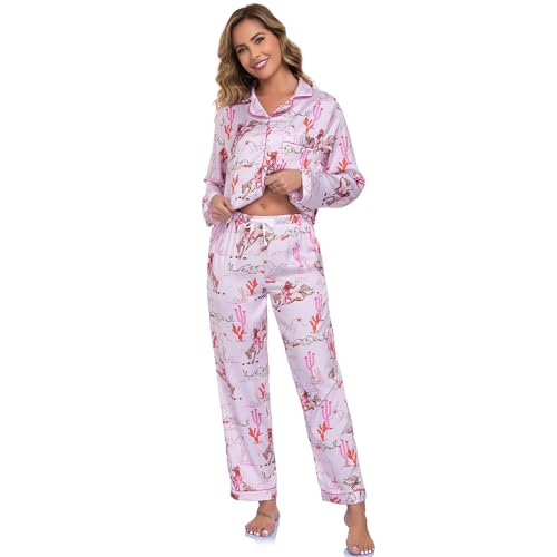 RONGTAI Womens Pajama Sets Button Down Long Sleeve Western Horseman and Cacti Print Lapel Shirt with Pocket Matching Pj Pants Two Piece Loungewear Set Pink S