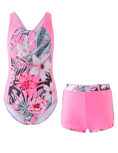 Image of Girls One Piece Swimsuits 2 Piece Girl Bathing Suit with Tropical Print Cover Up Shorts Teen Kids Swimwear 5-13Y