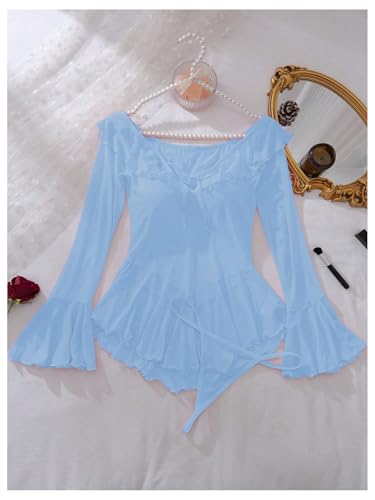 Image of OYOANGLE Women's 2 Piece Off Shoulder Long Sleeve Ruffle Mesh Sheer Nightgowns with Thongs Babydoll Lingerie Set