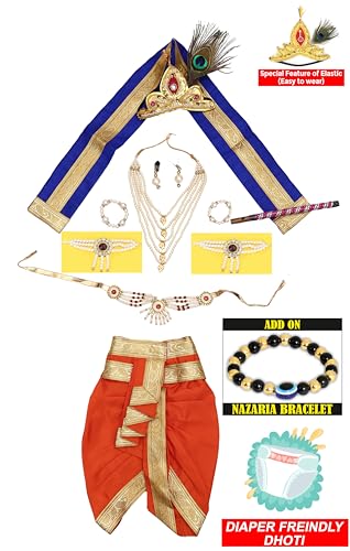 Image of Raj Fancy Dresses Shri Krishna Dress for Baby Boy & Girl, Janmashtmi Dress with Diaper-friendly Dhoti & Dupatta, Mor Pankh Mukut