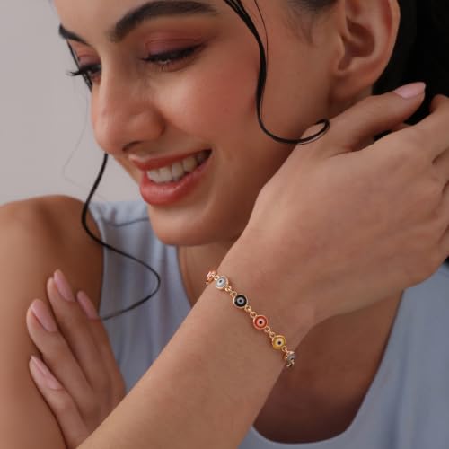 Image of TRUESILVER ACPL 925 Sterling Silver 14K Gold Plated Protection Bracelet Jewelry Mixed Colorful Mini Turkish Evil Eye Bracelet for Women 7.25 Inches
