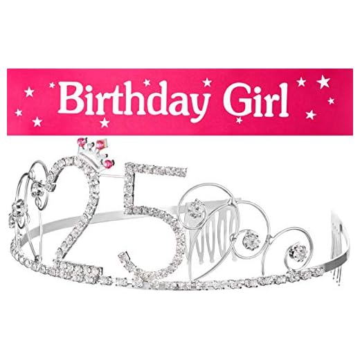 Hårbandskrona + skärp födelsedag flicka 25-årsdag grattis på födelsedagen kristall strass krona ornament bröllop hårband kam pannband för kvinnor (krona 25 + skärp)