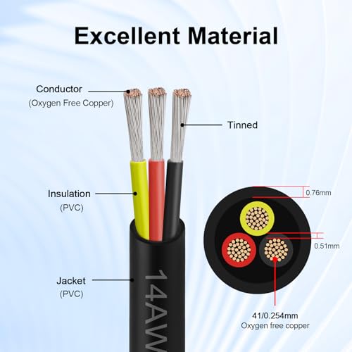 Image of 14 Gauge 3 Conductor Electrical Wire, 14 AWG Tinned Copper Stranded PVC Cable, Waterproof /Flexible /Low Voltage Extension Cord for Automotive, Marine, Solar, LED Lighting (25FT)
