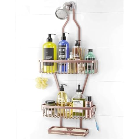 Shower Caddy Hanging Bathroom Organizer: Over Head Long Rack for Tall Showerhead - Extra Large Shelf for Big Shampoo Bottles with Soap Holder Cover