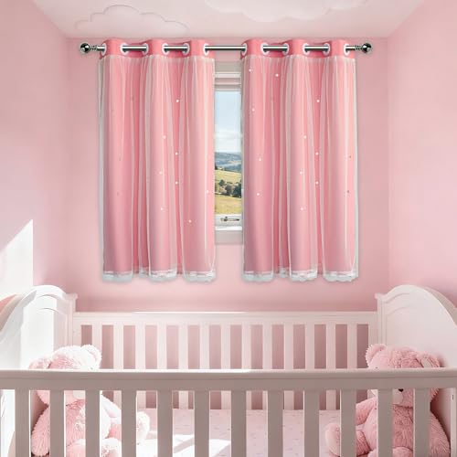 Image of Pink Curtains Drapes Blackout 54 Inches Long Cute Star Cutout Nursery Decor | Girls Room Darkening Curtain Double Layer Tulle Lace 2 Panels Kids Thermal Insulated Bedroom Window Treatments Short Cortinas