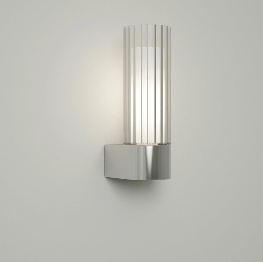 Pebble Grey Aulos Single Wall Light 50mm x 159.5mm x 71mm Chrome Finish - IP44 Bathroom Lighting, Indoor Lighting, Bathroom Fixtures, Ribbed Glass, Glass Lampshade, Clear Outer Finish, Dimmable