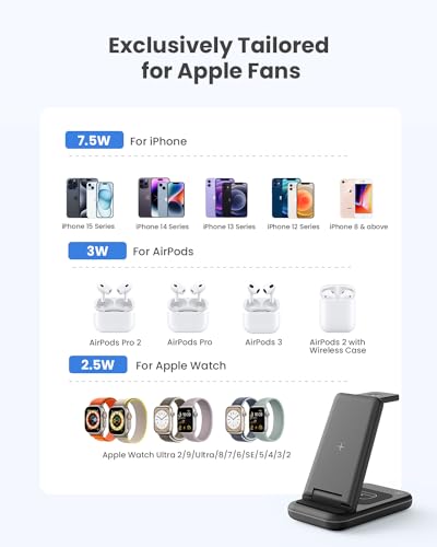 JoyGeek 3 in 1 Kabelloses Ladegerät, Faltbar Wireless Charger für i Phone 15/14/13/12/11/Pro Max/X, Induktive Handy Ladestation für iWatch 9/Ultra/SE/8/7/6/5/4, AirPods 2/3/Pro,mit QC Adapter,Schwarz – Bild 3