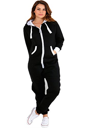 Parsa Fashions ® Womens Plain Zipper Onesie Ladies Onepiece All in One Hooded Zip Up Overall Jumpsuit Playsuit S-XL 8-16 (XXXL, Black)