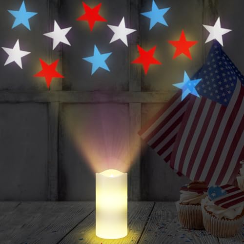 Image of 4th of July Flameless Candles Patriotic Projector Lights Red White Blue LED Candle Star Battery Operated Night Light with Remote Timer 250th Anniversary Independence Day Party Indoor Bedroom Decor