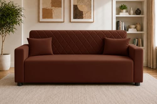 Image of Rosebell 3 Seater Wooden Sofa for Living Room, Modern Fabric Upholstered Sofa with Quilted Backrest, Cushioned Seating, Padded Armrests & Sturdy Wooden Frame - Brown