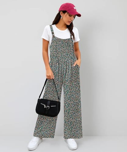NILOUFO Women Summer Wide Leg Bib Overalls - Casual Loose Jumpsuits Baggy Rompers with Pockets Adjustable Strap(Green Flor, X-Large) — view 2
