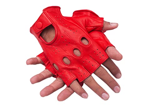 Gloves007 DRIVING GLOVES HALF FINGER FINGERLESS KNUCKLE HOLES FOR MEN GENUINE LEATHER (Large, Red)