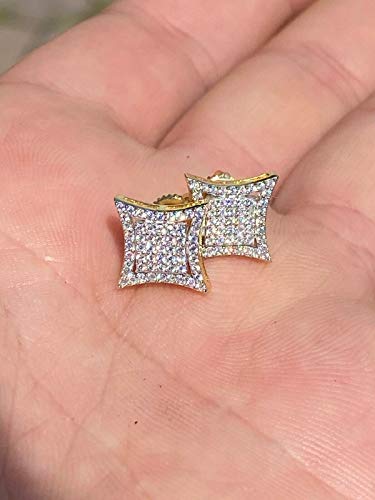 Real Solid 925 Sterling Silver 14K Gold Plated - Large Women's & Men's Earrings - Iced Cz 10Mm Kite Earrings Screw Backs - Big Hip Hop Flooded Out Aretes #TOP1