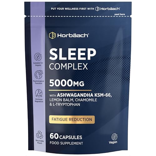 Sleeping Tablets with Ashwagandha KSM-66 | 5000mg Complex for Adults with Lemon Balm, Chamomile and L-Tryptophan | 60 Vegan Capsules | Night Time Complex for Men & Women | by Horbaach