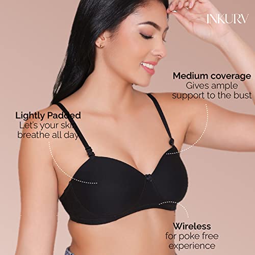 Image of INKURV Cotton Rich Padded T-Shirt Bra for Women, Seamless, Non-Wired with Detachable Straps, Sweet Heart Neckline, Everyday Bra 3 /4th Coverage with no spillage- ROMI Combo of 2