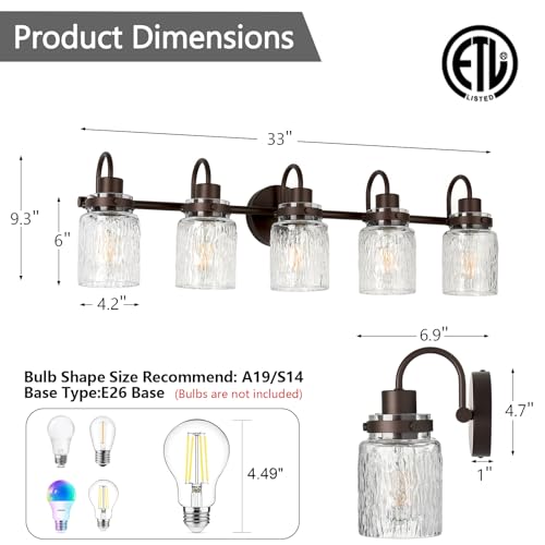 Image of 5 Lights Hammered Glass Bathroom Vanity Light, Oil Rubbed Bronze | Easy Installation,Up or Down,Farmhouse Modern Style,E26 Socket,ETL Certification