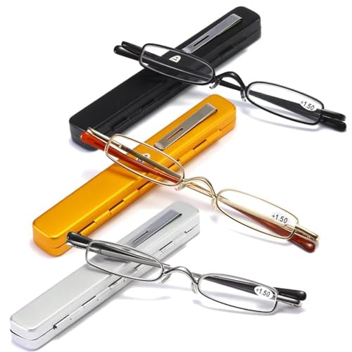 Small Reading Glasses Men Women 3 Pairs Slim Pocket Readers with Pen Clip Metal Case Spring Hinge 2.75