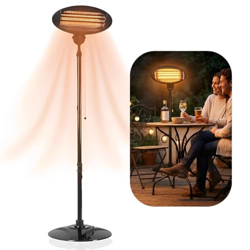 Image of 2KW Outdoor Free Standing Quartz Electric Garden Patio Heater 2000w Waterproof, 3 Power Settings, Height Adjustable Stand and Adjustable Heat Angle Black