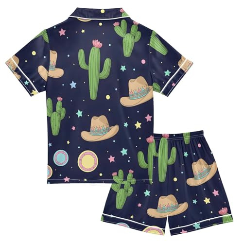 Satin Pajama Sets Short Sleeve Cactus Cowboy Hats Stars Button Down Silky Nightwear 2 Piece PJS 5-14Y2